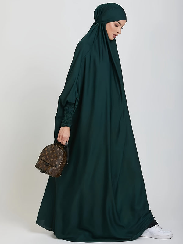 [Traditional Arabian Abaya] Long Sleeve Solid Color Abaya - Women's Traditional Arabian Polyester Robe with Tie Back, 95% Polyester 5% Elastane, 135g/m² - Muslim Nida Hijab Dress