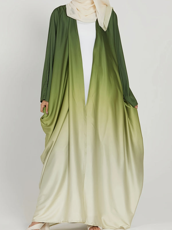 Gradient Color Open Front Robe Dress, Elegant Batwing Sleeves Maxi Abaya For Spring & Fall, Women's Clothing