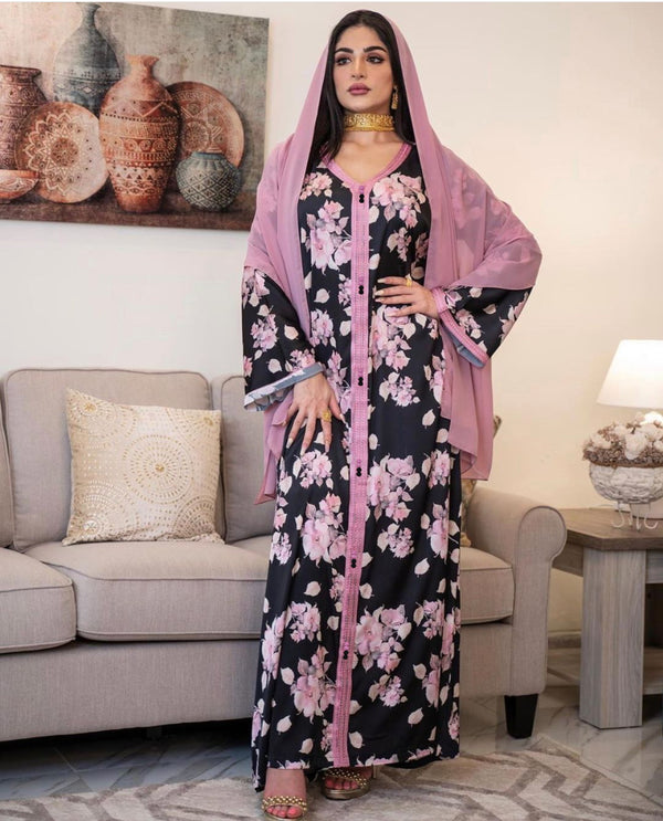 Ethnic Long Dress for Women Ribbon V Neck Long Sleeve Maxi Dresses Loose Plus Size Middle East Muslim Arabic Clothing Jalabiya Abaya Dresses