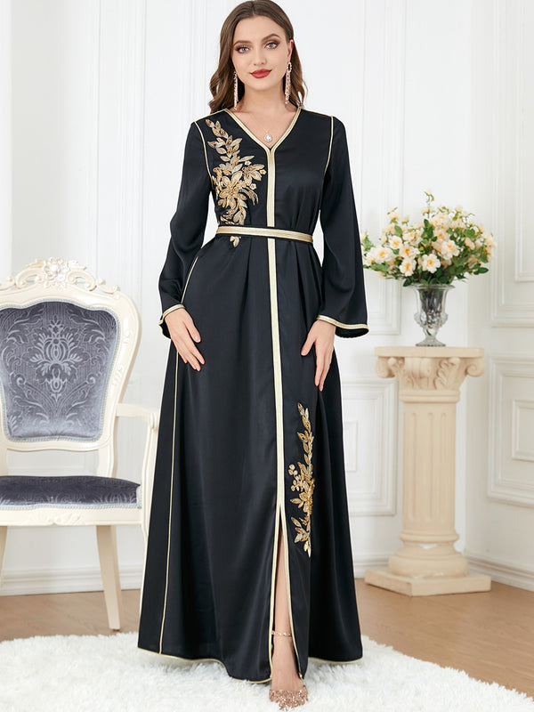 2023 spring new Muslim black abaya Arabian women's clothing temperament elegant slit V-neck hand-sewn drill long-sleeved robe