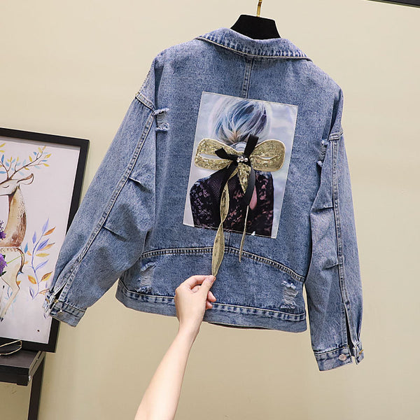 Ripped Sequined Denim Jacket Women Jacket Top