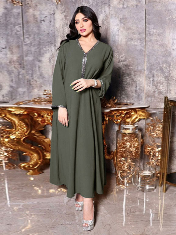 Elegant Ethnic Diamond Ribbon Maxi Dress for Women Fall 2021 Europe and America Middle East Arabic Dubai Vintage Abaya