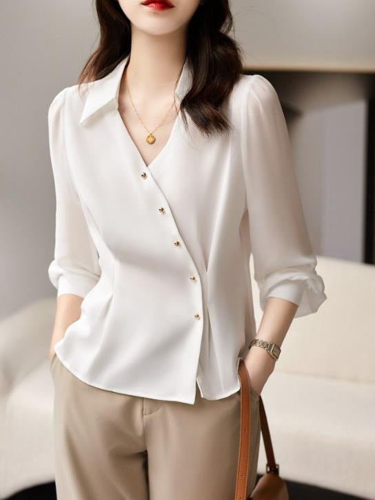 Casual top summer new all-match workplace commuting self-cultivation slim styling decorative slanted placket / light familiar shirt top female spring