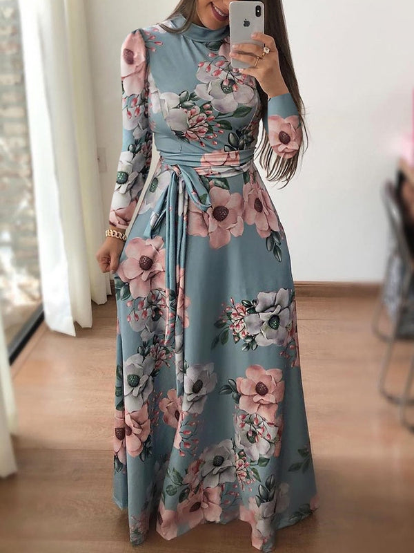 khaki long-sleeved Ladies Longuette Bandage printing Leisure time Autumn and winter Dress