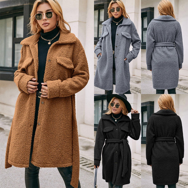 Mid-length Lapel Belted Single-breasted Plush Trench Coat