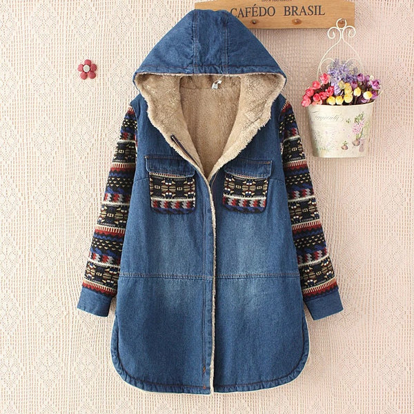 Retro Color-blocked Sleeve Printed Hooded Denim Cotton Coat