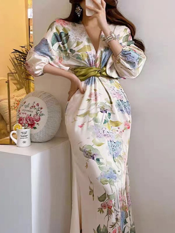 Korean version of INS summer French elegant V-neck floral print twisted waist slimming long tea break dress