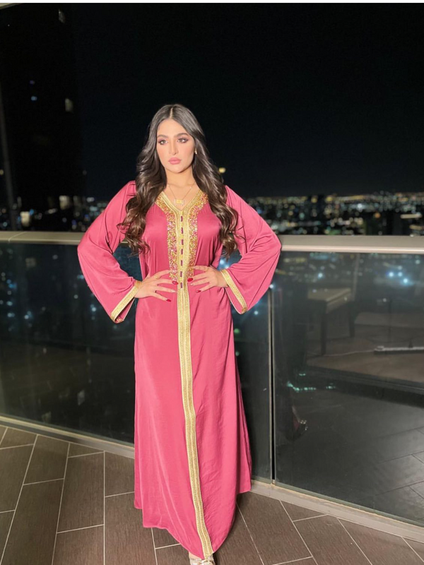 Ramadan Eid Pink Maxi Dress For Women Modest Muslim Turkey Arabic Dubai Diamond Ribbon V Neck Long Sleeve Jalabiya 2021