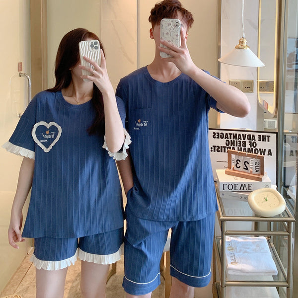 Luxurious summer couple draw pajamas short-sleeved shorts round neck casual and comfortable pullover can be worn outside suit