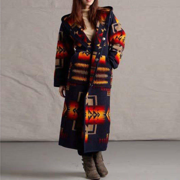 Women's Long Trench Coat Printed Hooded Jacket