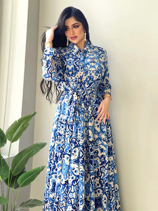 Blue Floral Maxi Dress Women 2022 Elegant Ethnic Lapel Long Sleeve Dubai Arabic Oman Moroccan Middle East Muslim Abaya