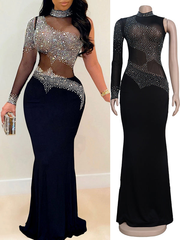 European and American new fashion high-end sparkling hot diamond one-shoulder nightclub style dress elegant temperament mature wind plus size women's