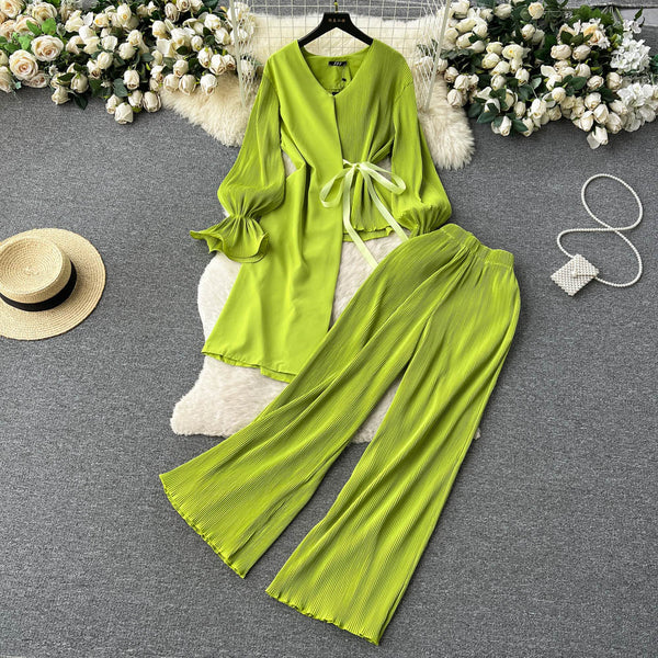 Personality spice girl V-neck tie irregular flared sleeve top elastic waist wide-leg pants slim fashion two-piece suit