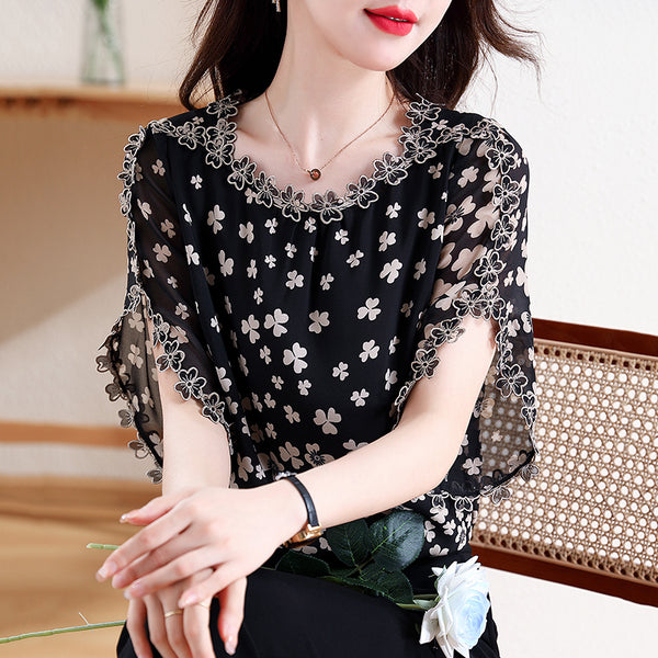 Women's fashion summer new temperament thin embroidery foreign style round neck short-sleeved top