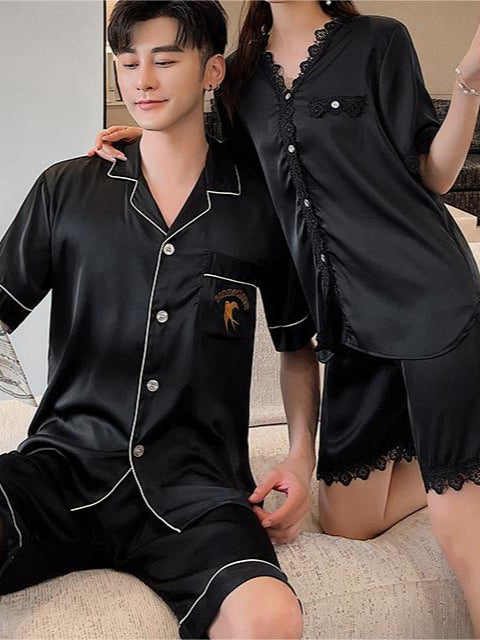 Couple pajamas ice silk short-sleeved lace suit outerwear home clothes