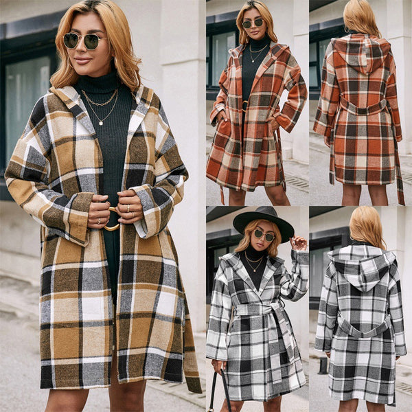 Loose Casual Plaid Mid-length Belted Hood