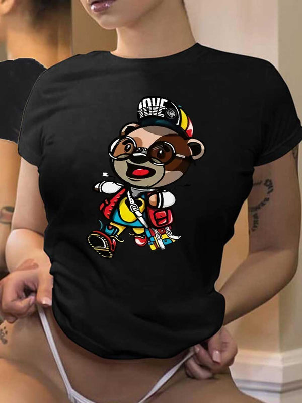 2023 cross-border new women's pullover short-sleeved trendy short-sleeved cartoon bear print ladies printed shirts all-match ladies tops short-sleeved