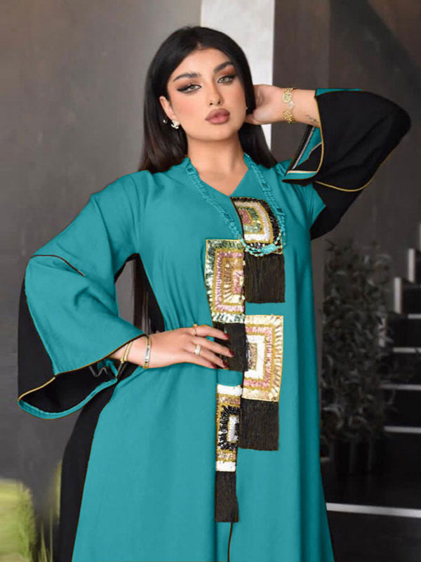 Ethnic Sequins Tassel Abaya Dress for Women 2021 Full Cotton Middle East Muslim Dubai Turkey Arabic Oman Moroccan Robe