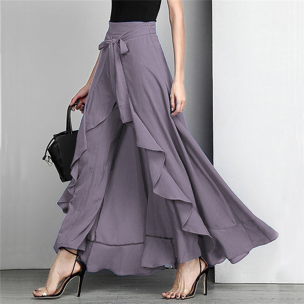 Women's Chiffon Trousers High Waist Irregular Ruffle Drawstring Trousers Solid Color Front Tie Elegant Party Skirt