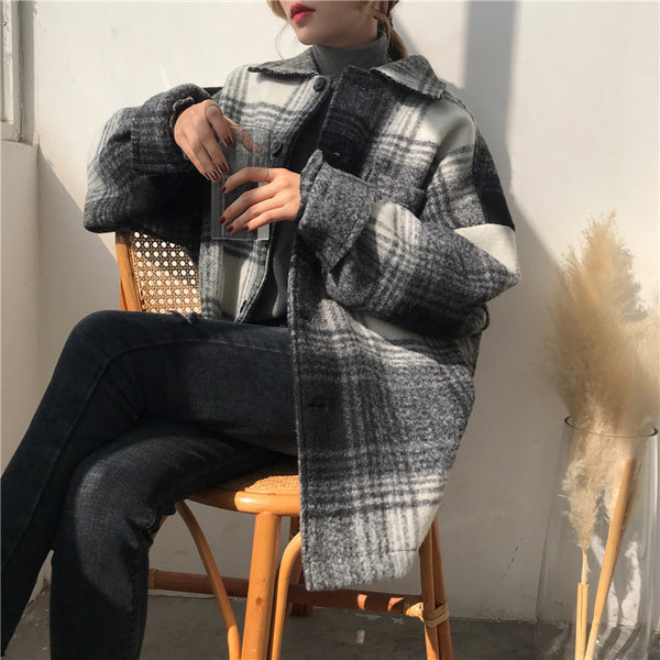 Harajuku Loose Plaid Woolen Coat