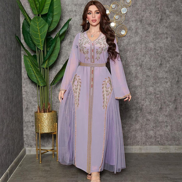 2023 summer Middle East Arab women's net gauze decoration dress diamond beaded dress dress Kaftan dress V-neck hot diamond self-cultivation party dres