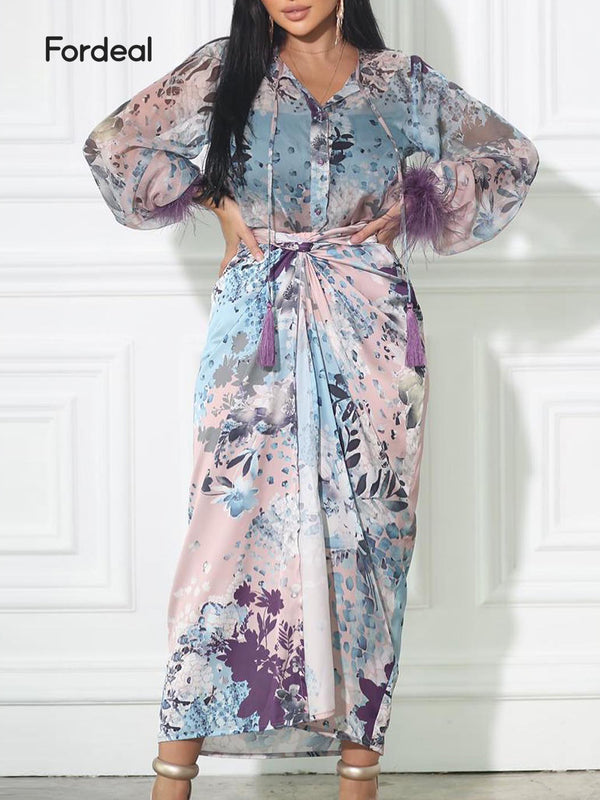 Fordeal print mosaic feather top waist skirt suit