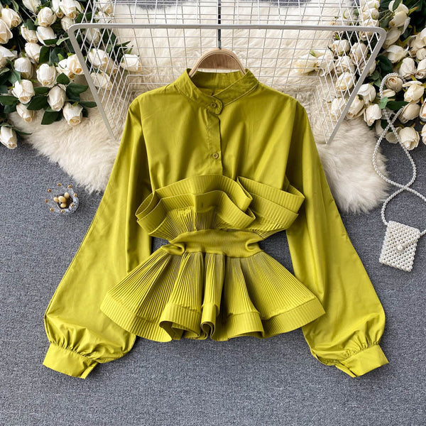 Long-sleeved shirt women's design sense niche three-dimensional pleated ruffles waist slimming temperament versatile spring top women