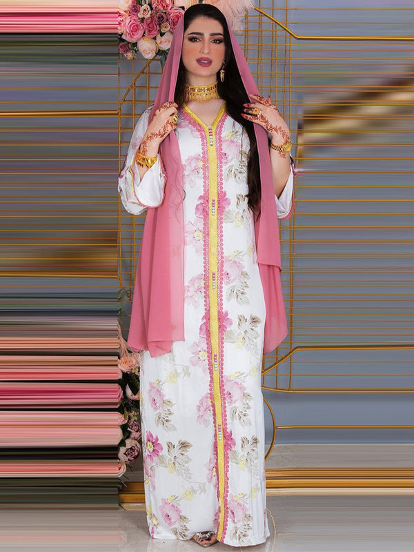 Ramadan White Floral Abaya Dress for Women 2022 Elegant Ethnic Lace Ribbon V Neck Dubai Turkey Arab Oman Muslim Islamic Clothes
