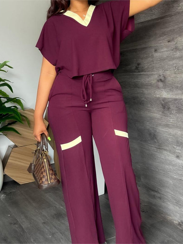 Solid color casual short-sleeved T-shirt sports suit straight-leg pants two-piece set