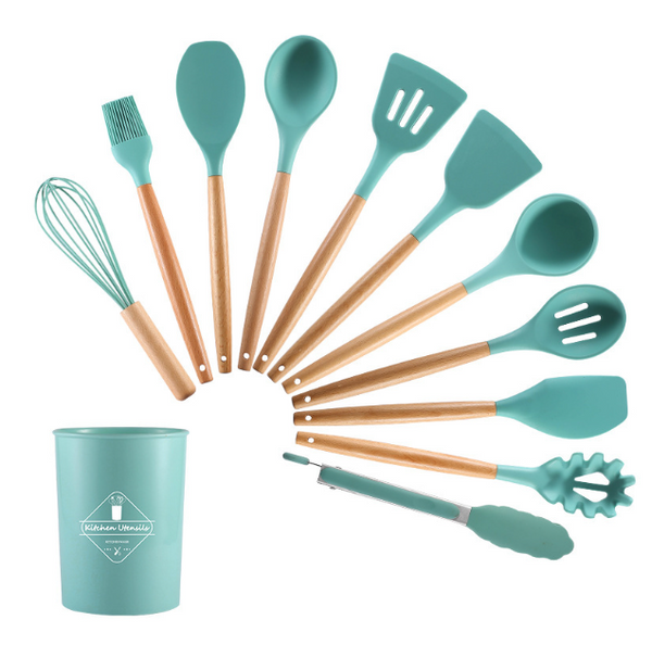 Amazon silicone kitchen utensils set 12 pieces household beech handle colander frying shovel baking tool with storage bucket