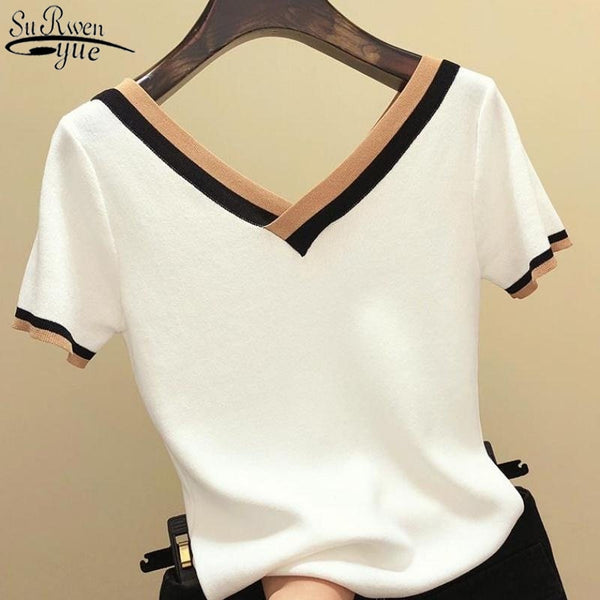 V-Neck Short Sleeve Shirt Women Contrast Color Striped Knitted 2023 Summer Tops Shirt Korean Clothes Femme Camisetas Mujer 13362