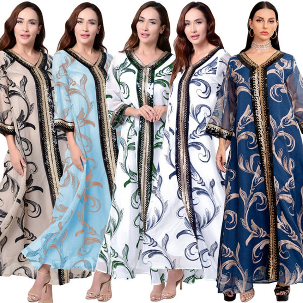 Moroccan Jalabiya Dubai 2022 Elegant Women's Dresses for Party Mesh Sequins Embroidered Arab Muslim Kaftan Gulf Abayas