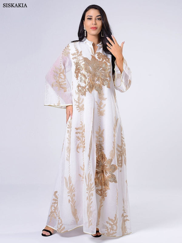 Siskakia Sequins Embroidered Abaya Dress For Women Moroccan Kaftan Turkey Arabic Jalabiya White Islamic Ethnic Robe 2023 Eid New