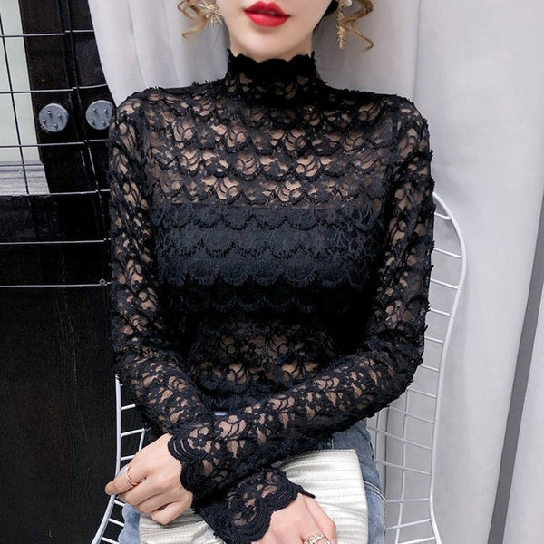 GAODINGLAN Autumn Winter Women Long Sleeve Hollow Lace T-shirts Solid Color Turtleneck Sexy Transparent Top Thin Bottoming Shirt