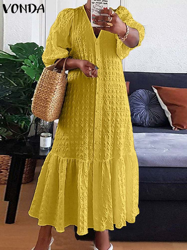 VONDA Plus Size 5XL Women Shirt Dress 2023 Autumn  Sexy V Neck Button Half Sleeve Long Maxi Vestidos Bohemian Elegant Party Robe