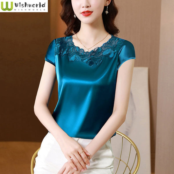 Fashion Foreign Style Loose Lace Short Sleeve T-Shirt Top Women's Spring and Summer Large Acetate Satin Bottomed Shirt