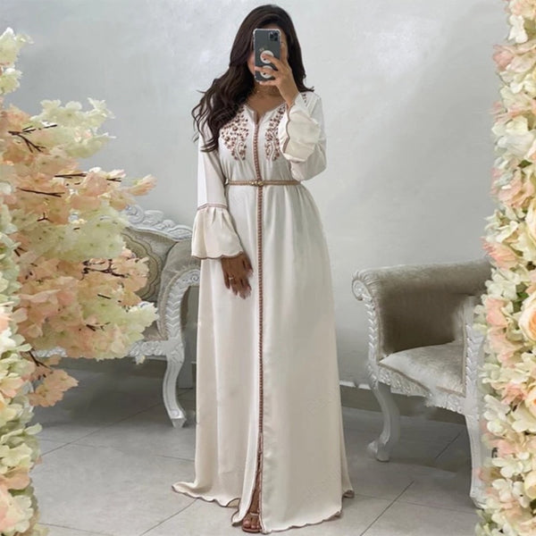 Elegant Moroccan Caftan White Evening Dresses Long Sleeves 2022 for Women Party Arabic Muslim Abaya Formal Gowns