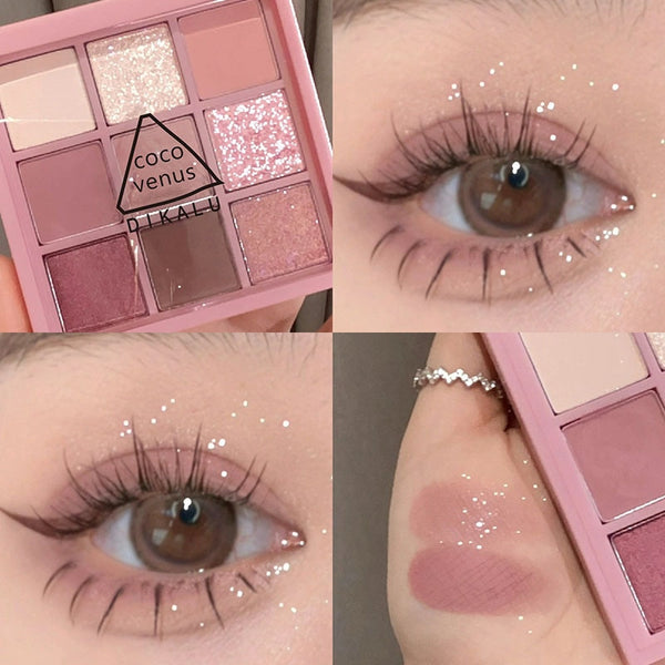 DIKALU New Nine-color Eyeshadow Palette Rose Pink Color Pearly Matte Glitter Eyeshadow Pallete Shiny Eye Shadow Eye Pigments