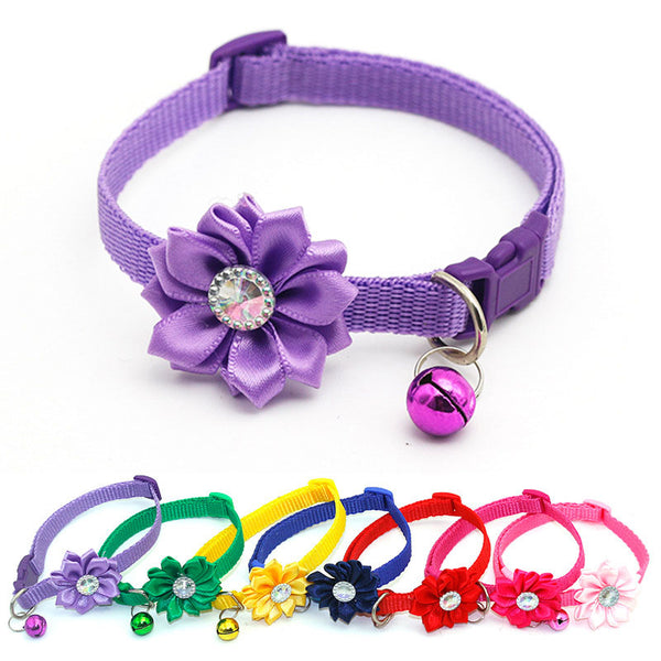 Cute Flower Pet Collar Bell Diamond Dog Neck Ring Adjustable Cat Neck Strap Belt Safety Easy Wear Buckle Necklace Pet Supply