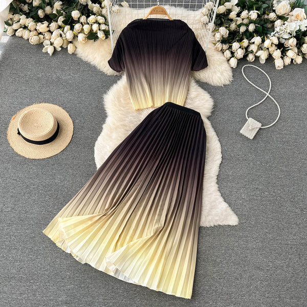 Gradient color suit female celebrity temperament chiffon short short-sleeved top high waist casual pleated skirt two-piece set