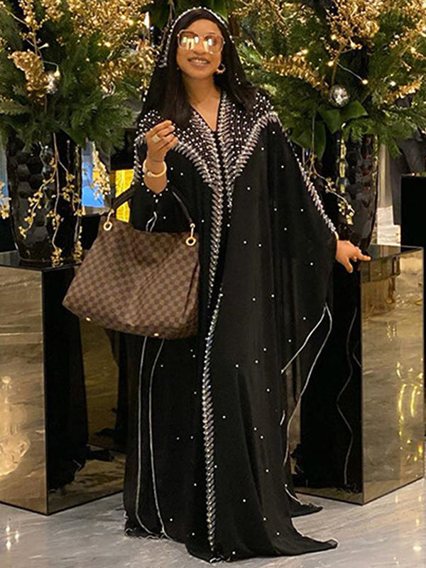 Muslim Kaftan Abaya Dress Kimono Women Dubai Open Abayas Turkish Stones Chiffon Hooded Dress Elegant African Plus Size Boubou robe dress cloak
