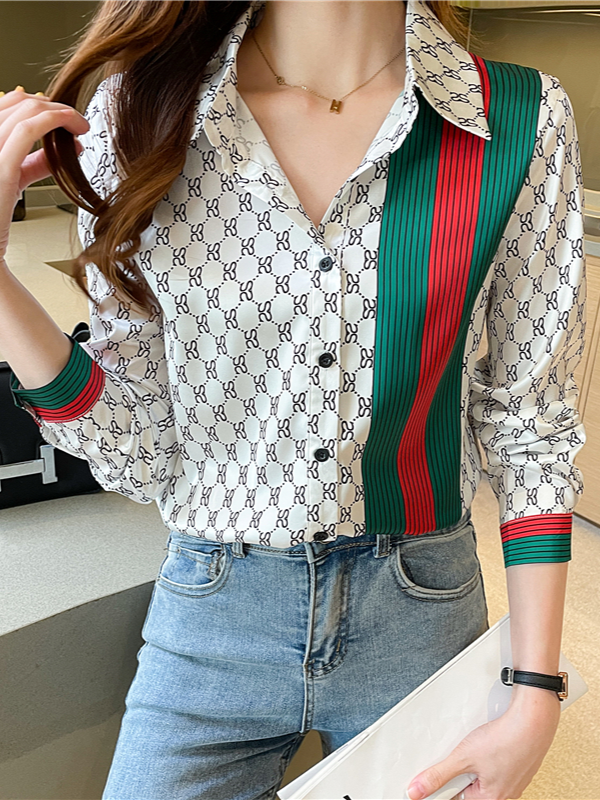 Women's fashion spring and autumn new plaid stripe contrast color shirt loose top design casual shirt shirt