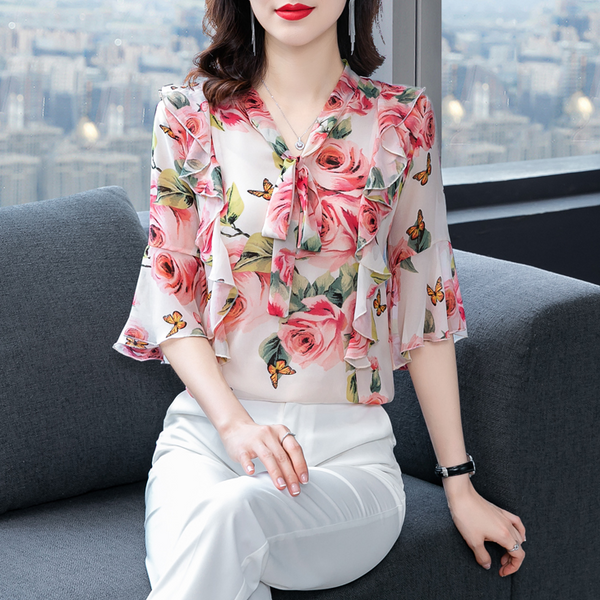 High-end Floral Chiffon Shirt Summer Dress New Fashion Temperament Trumpet Sleeve Small Shirt Super  Top Ladies Casual