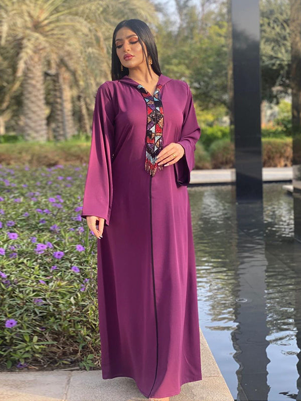 Satin Hooded Abaya Dress for Women Luruxy beaded Tassel Robe Muslim Moroccan Caftan Dubai Turkey Arab Oman Clothes 2021