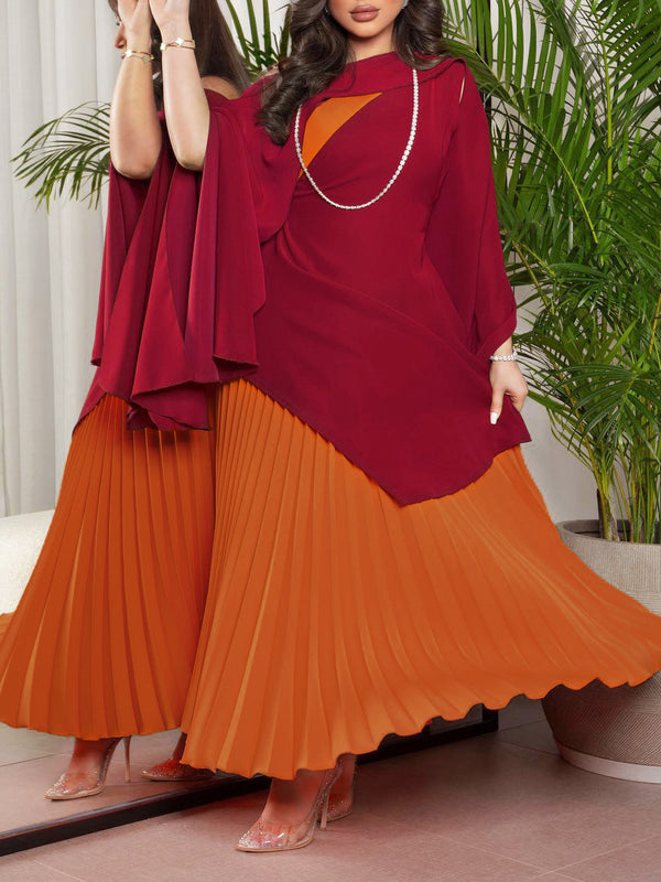 Red Elegant Panel Orange Pleated Dress