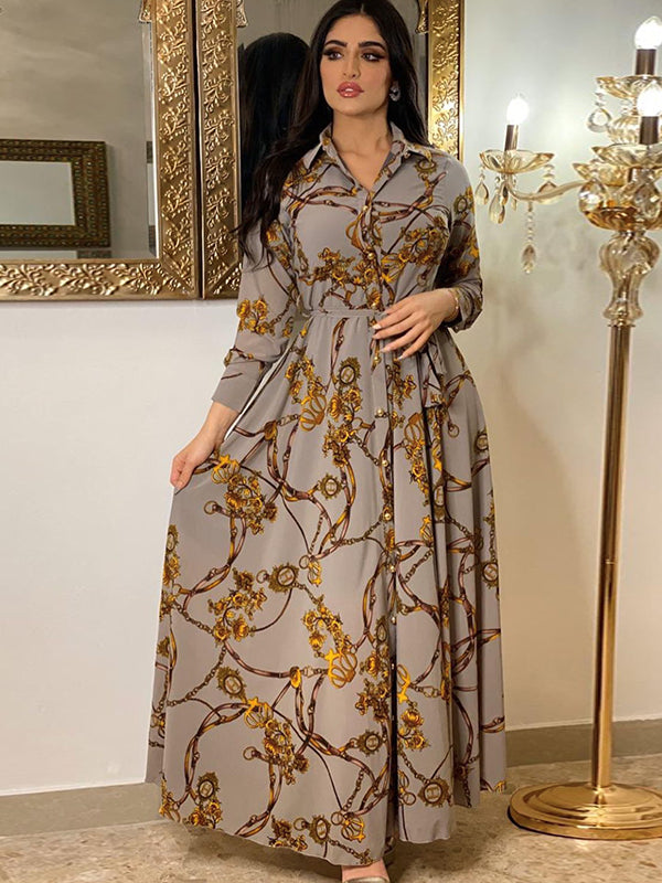 Fashion French Elegant Dresses for Women Summer Retro Print Muslim Dubai Abaya Lapel Single-breasted Long Sleeve Shirt Dress