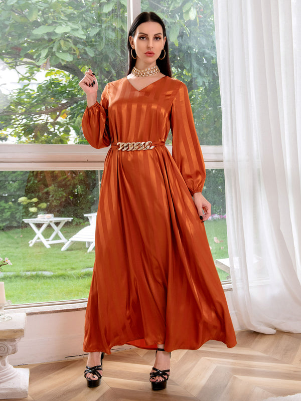 Striped Jacquard Satin Maxi Dress for Women Ethnic Metal Belt Middle Eastern Arabic Oman Dubai Abaya Ramadan Eid Clothes 2022