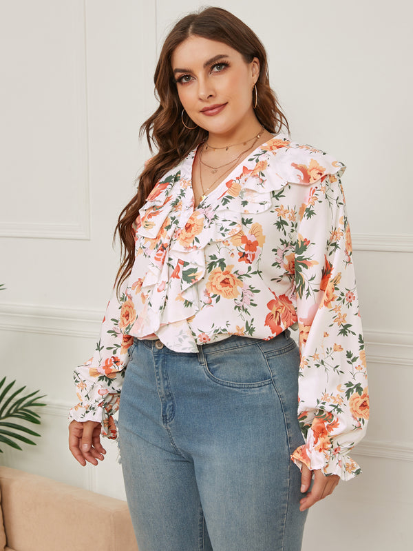 Printed Ruffled V-neck Shirt