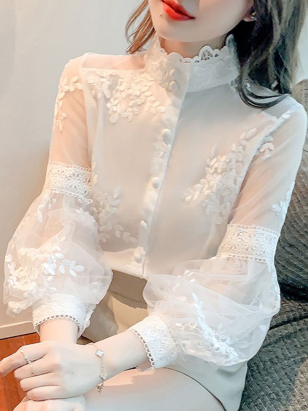 Elegant and Sweet Lace Patch Solid Chiffon Blouse Spring Summer 2023 Stand Collar Long Lantern Sleeve Cardigan Women's Dress