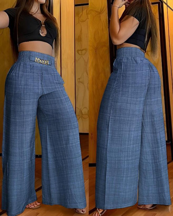 Women's Trousers 2023 Summer Fashion Chain Trim High Casual Flat Pocket Design Waist Wide Leg Daily Holiday Trousers Streetwear